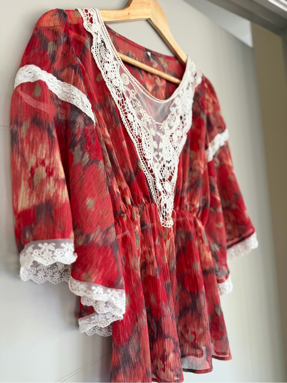 Free People Crimson Floral Lace-Trim Peasant Blouse - Picture 4 of 8